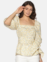 Load image into Gallery viewer, IS.U Yellow Floral Puff Sleeve Belted Top