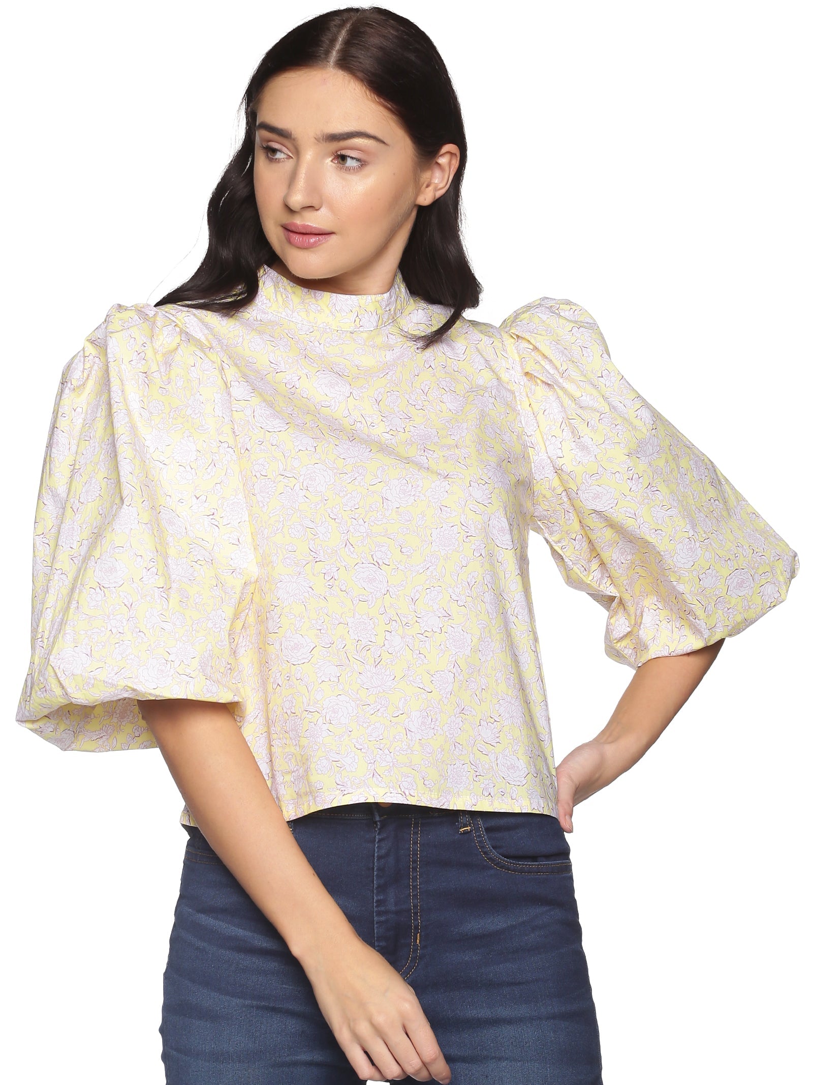 IS.U Yellow Floral Puff Sleeve Top