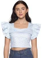 Load image into Gallery viewer, IS.U Blue Floral Ruffle Sleeve Crop Top