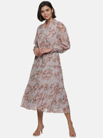 Load image into Gallery viewer, IS.U Light Grey Floral Neck Tie Up Tiered Midaxi Dress