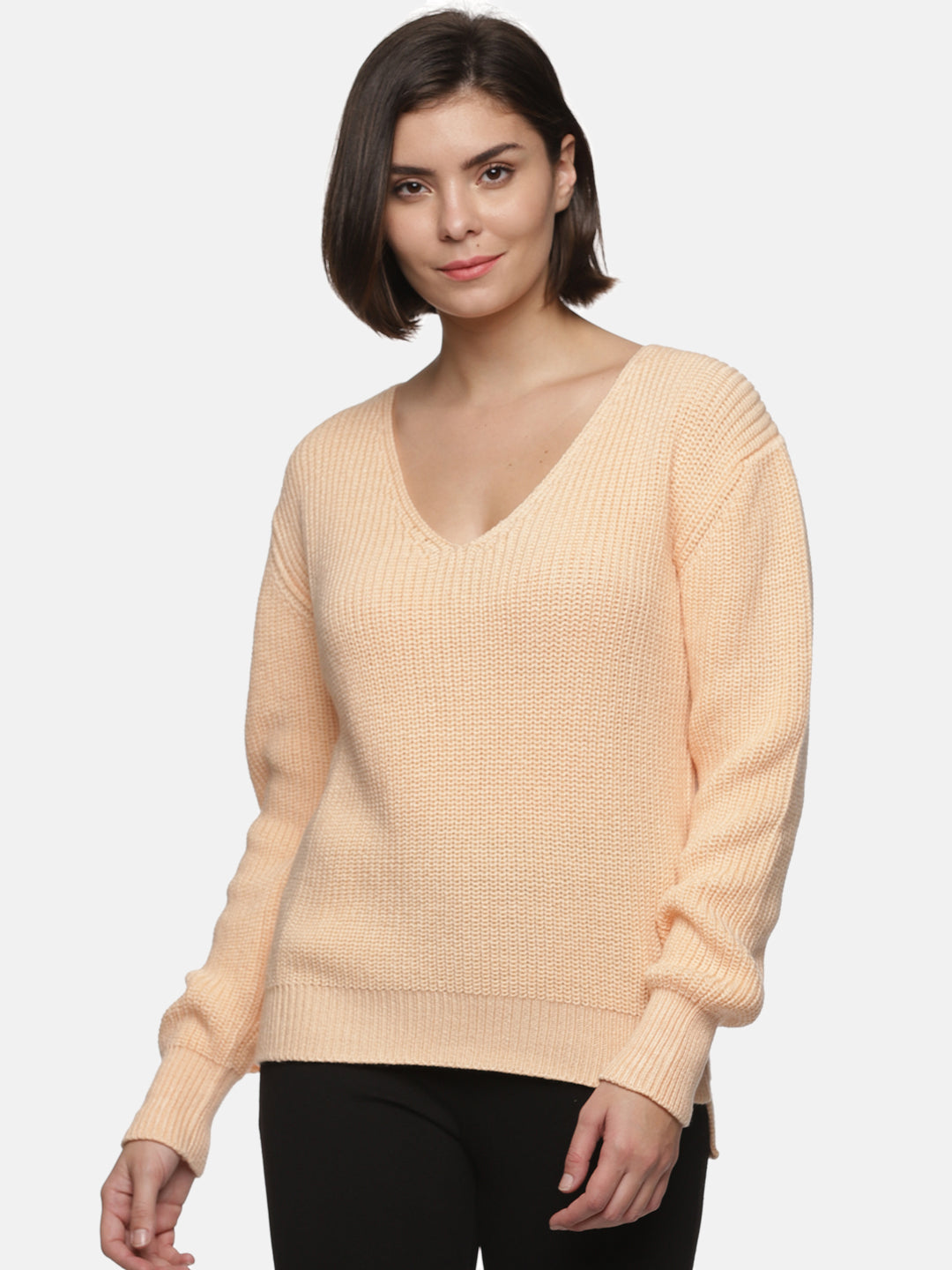 IS.U Light Orange Knitted V- neck Sweater