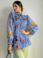 Load image into Gallery viewer, IS.U Blue floral printed full sleeve ruffle top