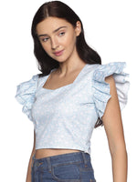 Load image into Gallery viewer, IS.U Blue Floral Ruffle Sleeve Crop Top
