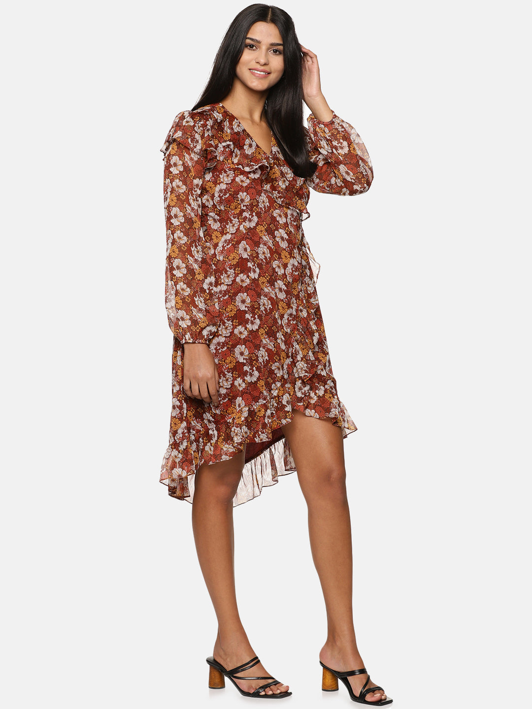 Buy Brown Ruffle Wrap Dress For Women