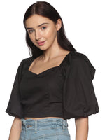 Load image into Gallery viewer, IS.U Black Puff Sleeve Smocked Crop Top
