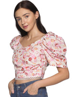 Load image into Gallery viewer, IS.U Pink Floral Puff Sleeve Wrap Crop Top
