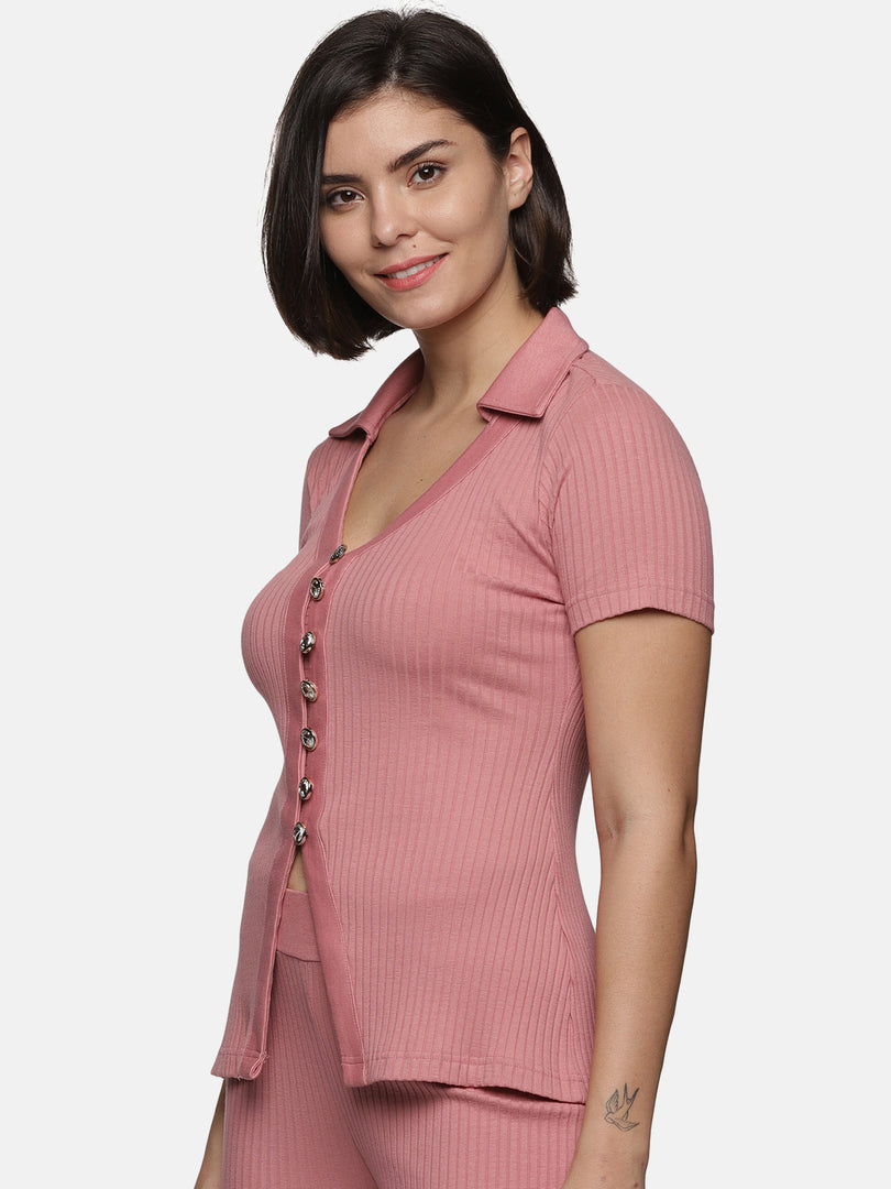 IS.U Mauveglow V-neck Button Down Rib Top