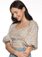 Load image into Gallery viewer, IS.U Multicolor Floral Puff Sleeve Smocked Crop Top