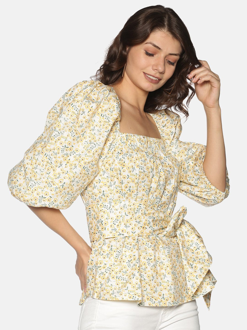 IS.U Yellow Floral Puff Sleeve Belted Top