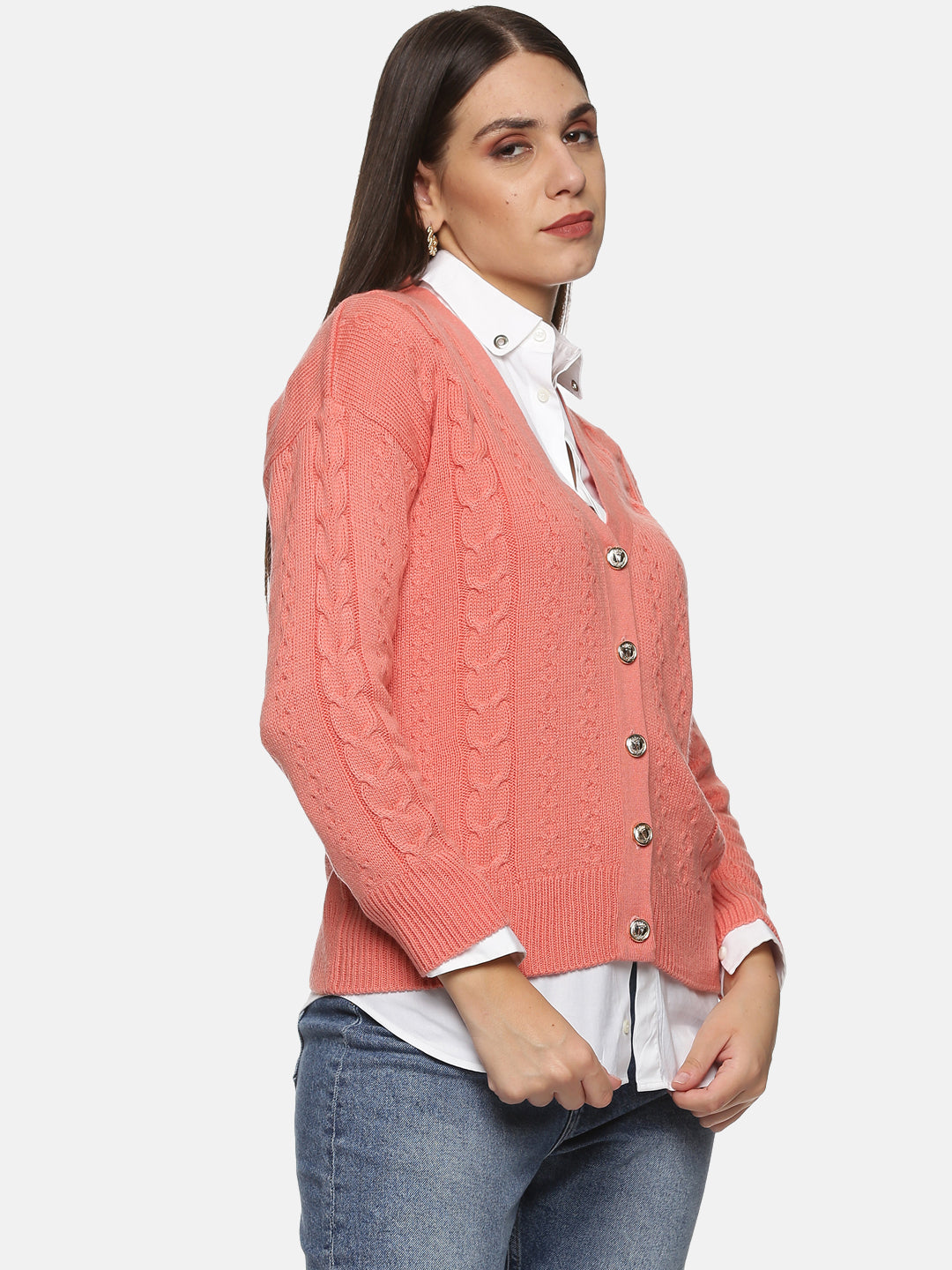 Buy Peach Cardigan For Women In V-Neck