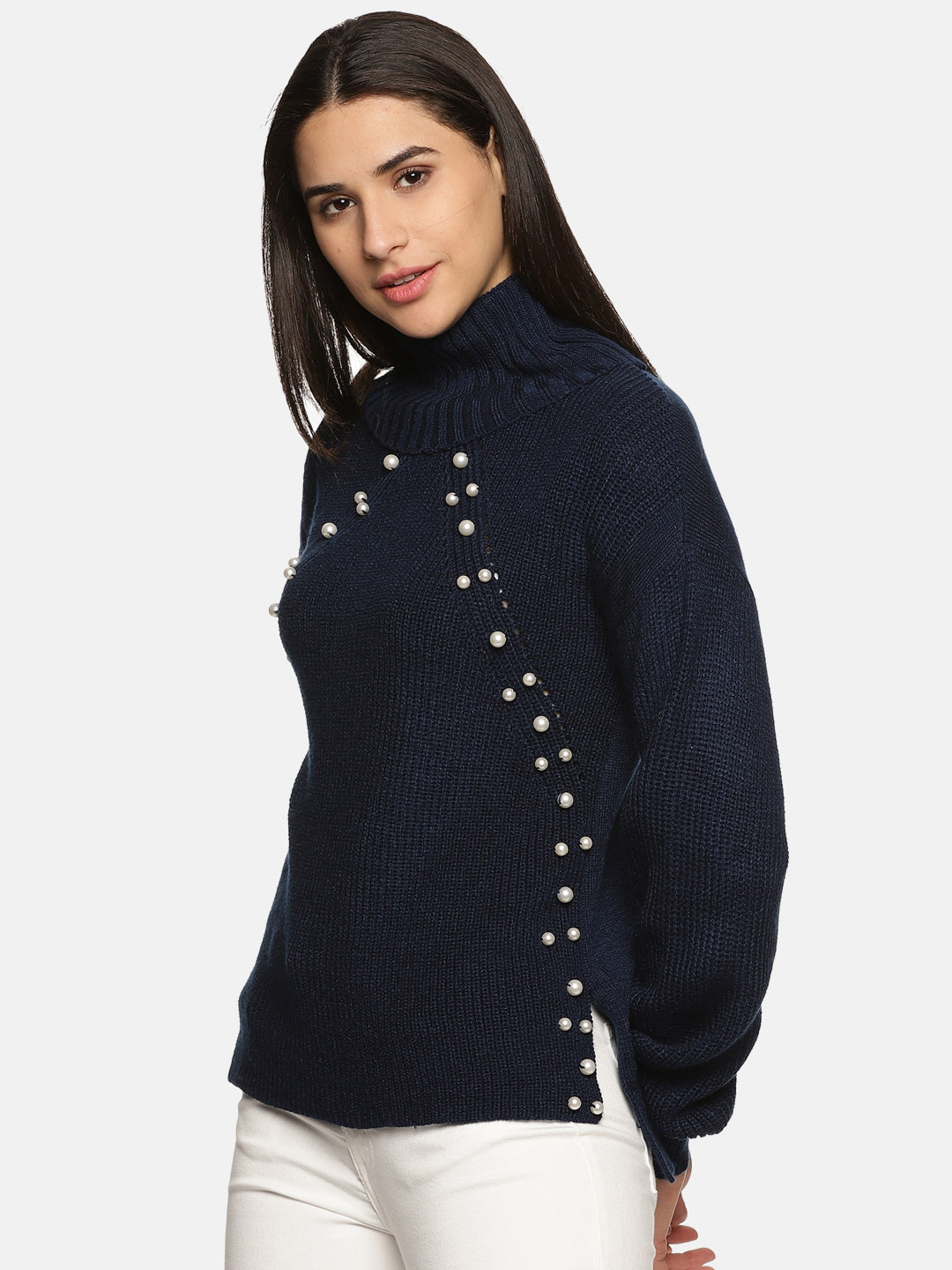 IS.U Navy Pearl High Neck Oversized Knitted Sweater