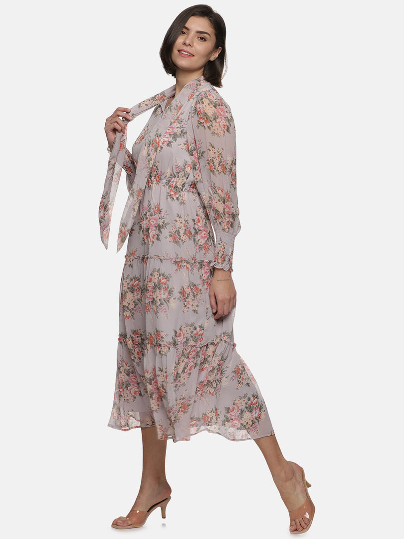 IS.U Light Grey Floral Neck Tie Up Tiered Midaxi Dress
