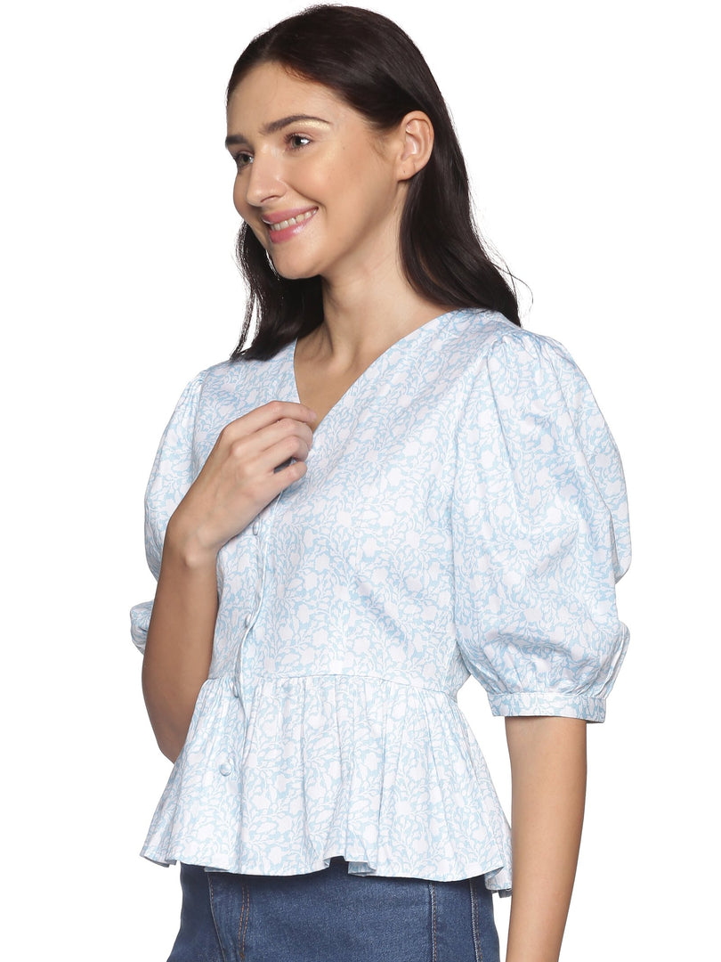 IS.U Blue Floral Puff Sleeve Peplum Top
