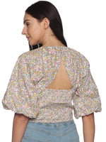 Load image into Gallery viewer, IS.U Multicolor Floral Puff Sleeve Smocked Crop Top

