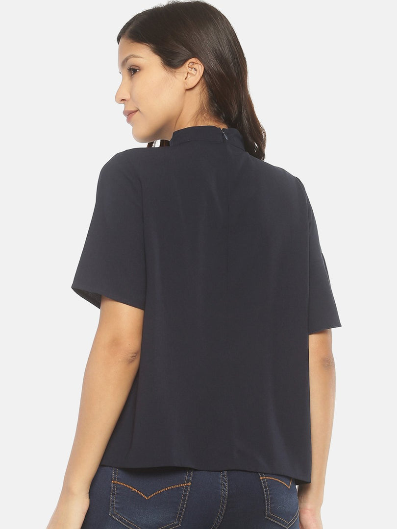 IS.U Navy High Neck Ruffle Top
