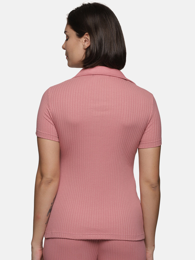 IS.U Mauveglow V-neck Button Down Rib Top