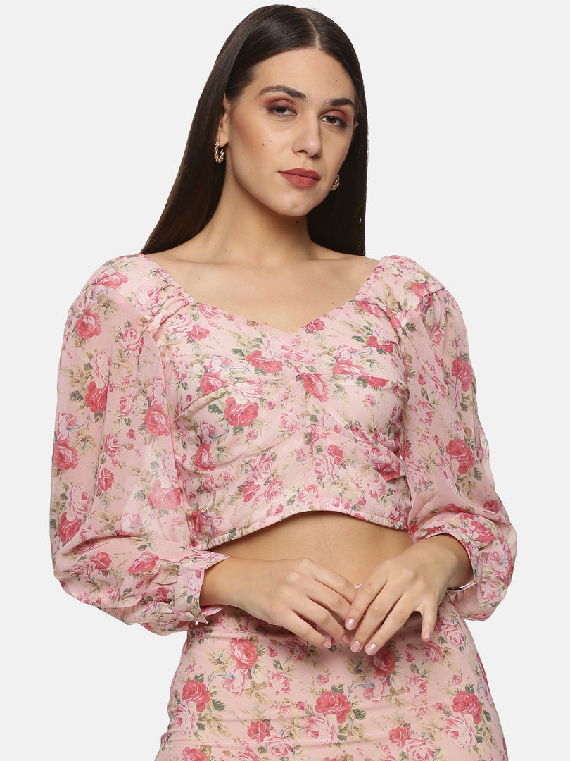 IS.U Floral Balloon Sleeve Crop Top