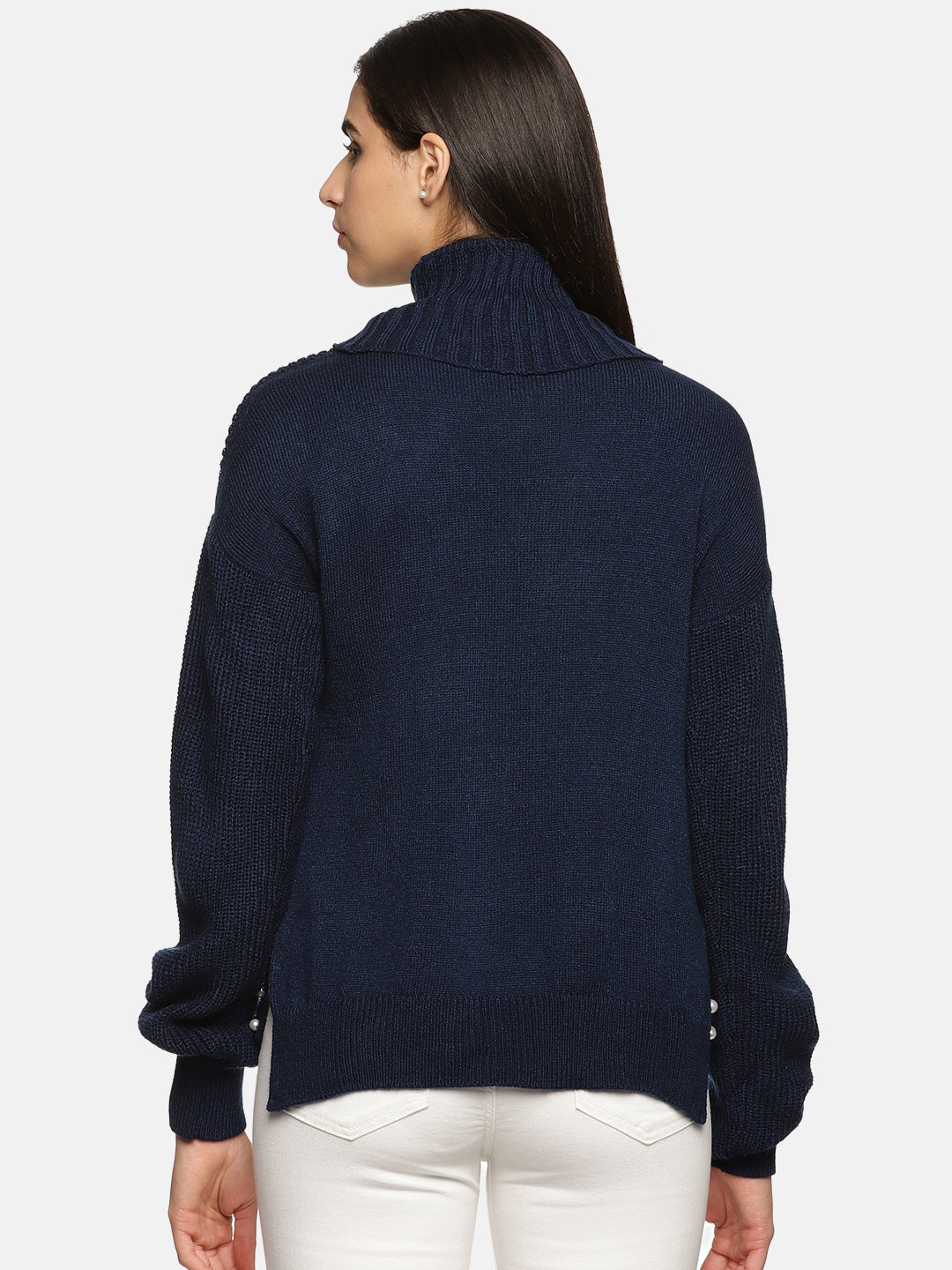IS.U Navy Pearl High Neck Oversized Knitted Sweater
