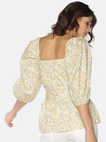Load image into Gallery viewer, IS.U Yellow Floral Puff Sleeve Belted Top
