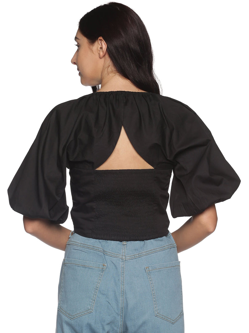IS.U Black Puff Sleeve Smocked Crop Top