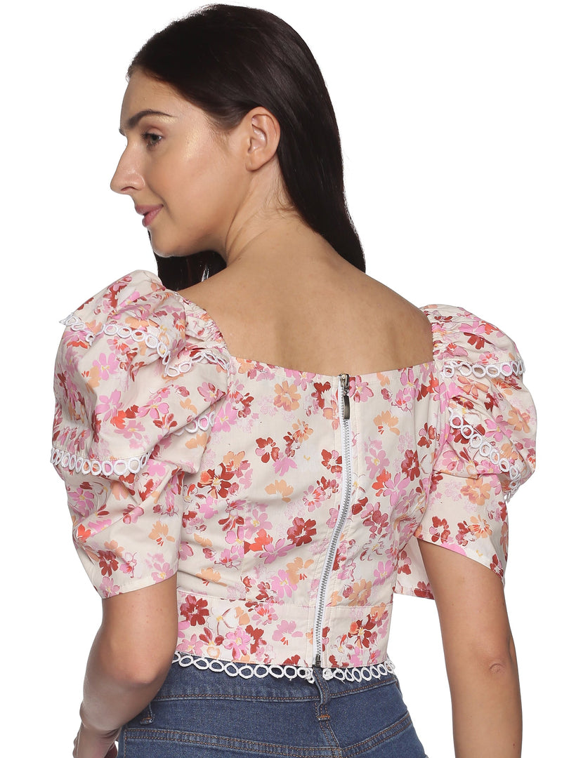 IS.U Pink Floral Puff Sleeve Wrap Crop Top