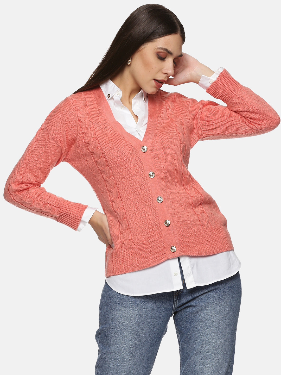 Buy Peach Cardigan For Women In V-Neck