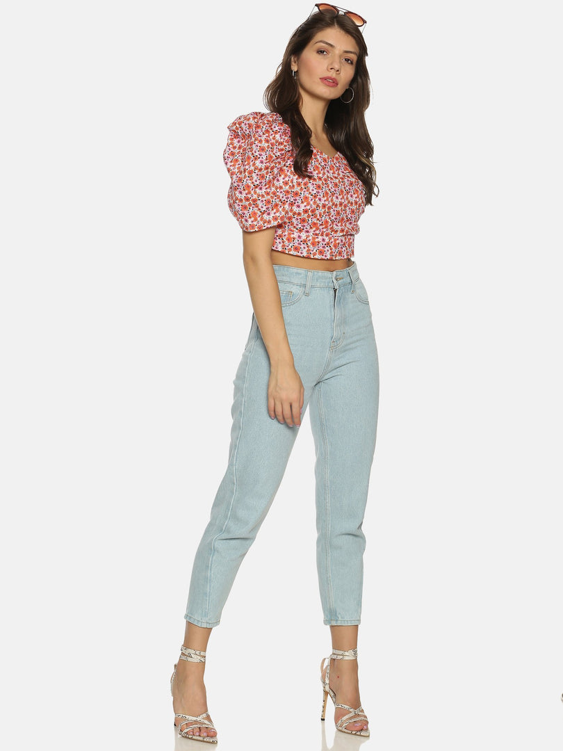 IS.U Red Puff Sleeve Wrap Crop Top