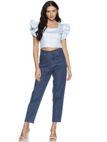 Load image into Gallery viewer, IS.U Blue Floral Ruffle Sleeve Crop Top
