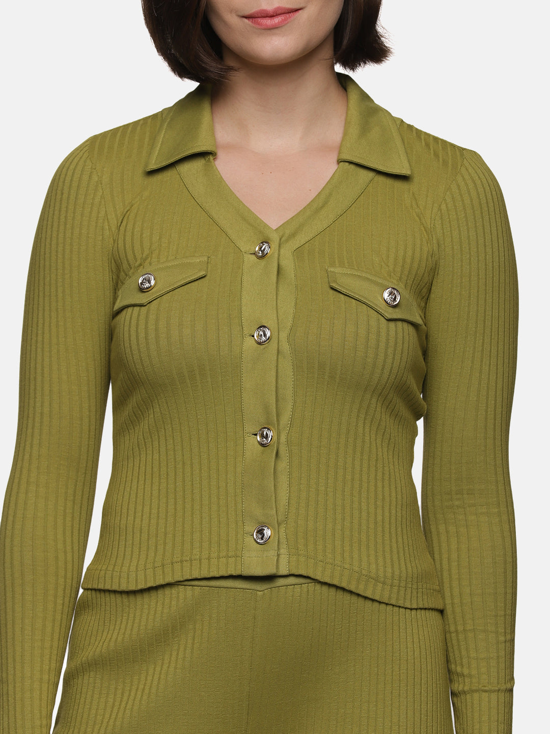 IS.U Green Olive Collared V-neck Rib Top