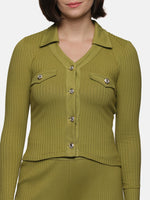 Load image into Gallery viewer, IS.U Green Olive Collared V-neck Rib Top
