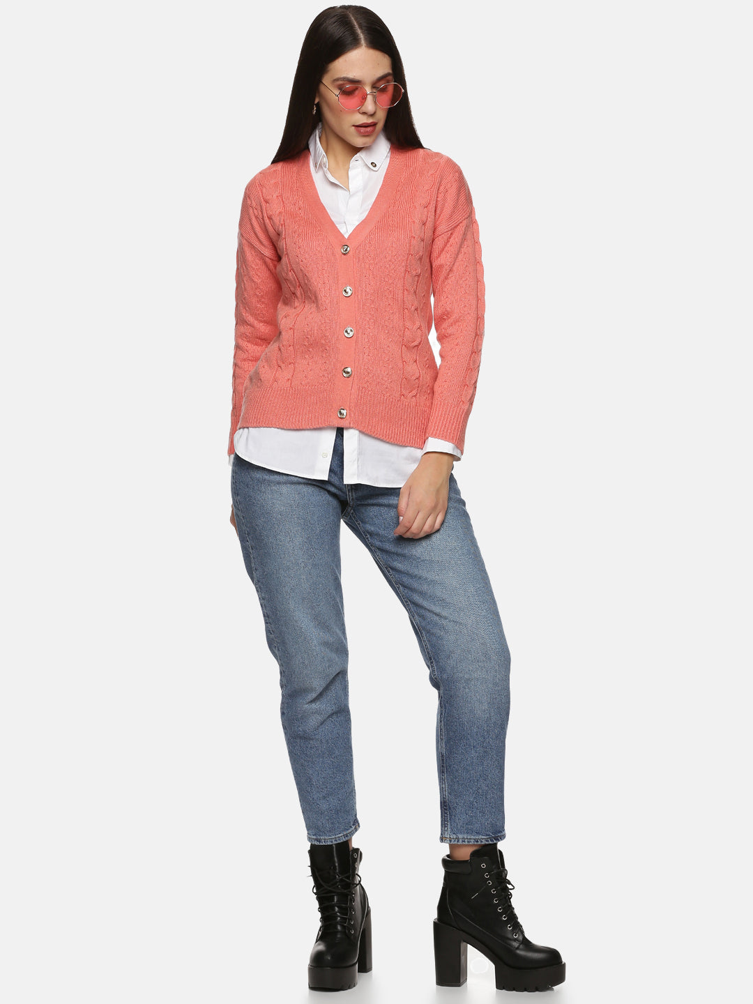 Buy Peach Cardigan For Women In V-Neck 