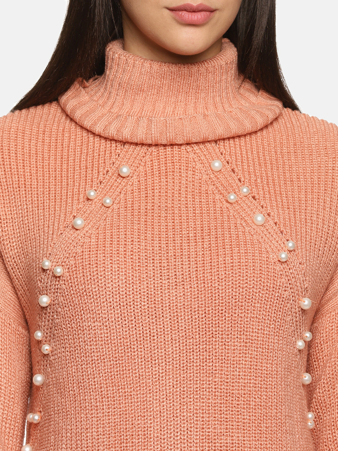 IS.U Peach Pearl High Neck Oversized Knitted Sweater