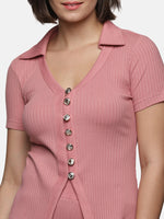 Load image into Gallery viewer, IS.U Mauveglow V-neck Button Down Rib Top