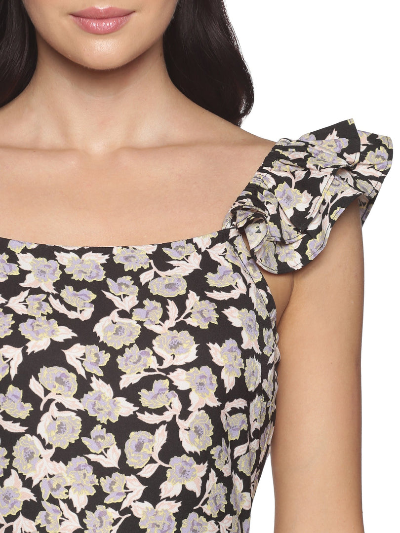 IS.U Black Floral Ruffled Shoulder Midaxi Dress
