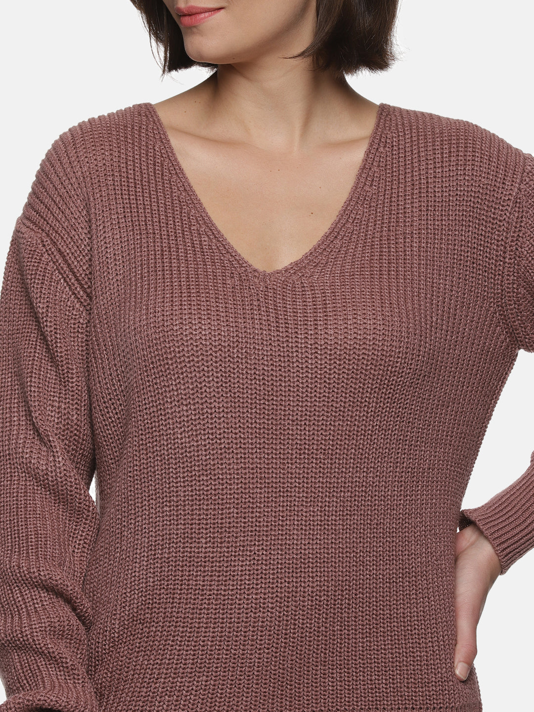IS.U Light Brown Knitted V-neck Sweater