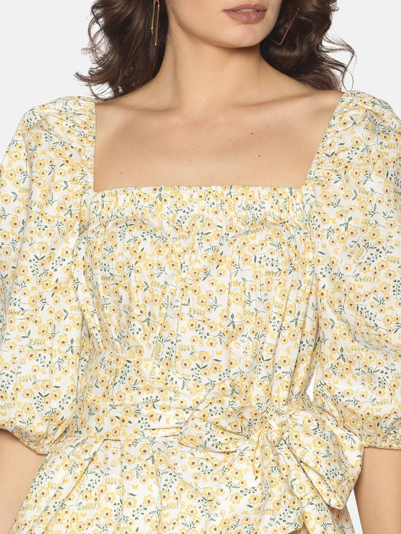 IS.U Yellow Floral Puff Sleeve Belted Top