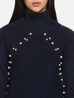 Load image into Gallery viewer, IS.U Navy Pearl High Neck Oversized Knitted Sweater