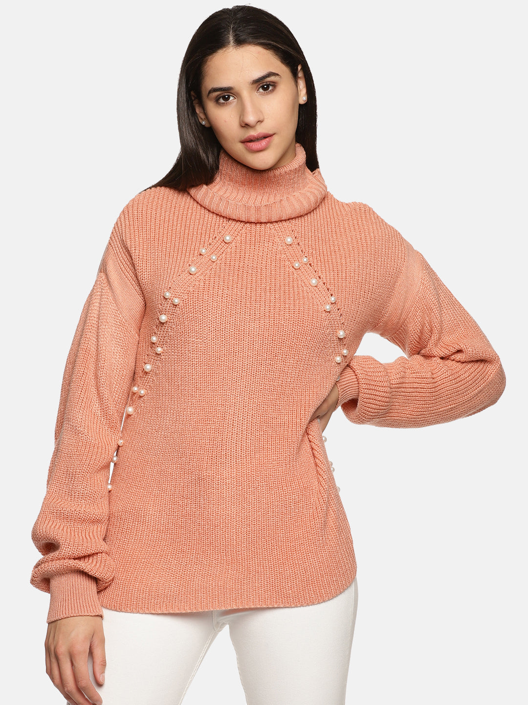 IS.U Peach Pearl High Neck Oversized Knitted Sweater