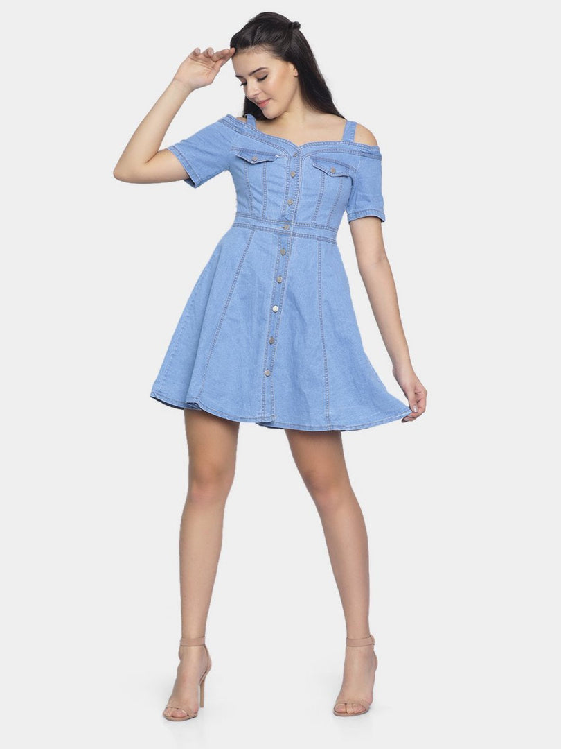 IS.U Blue Denim Off Shoulder Dress