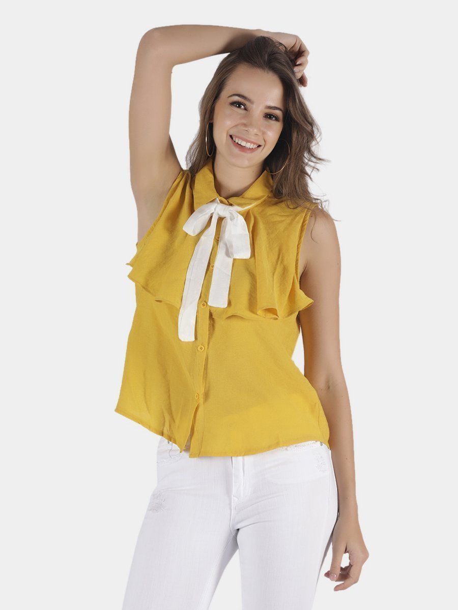 IS.U Yellow Top With Tie Collar