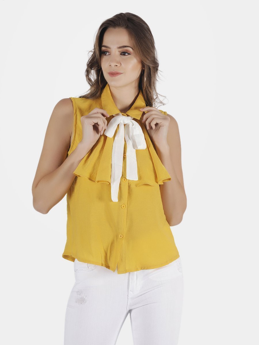 IS.U Yellow Top With Tie Collar
