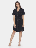 Load image into Gallery viewer, IS.U Black Dress With Contrast White Stitch