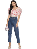 Load image into Gallery viewer, IS.U Pink Floral Puff Sleeve Wrap Crop Top
