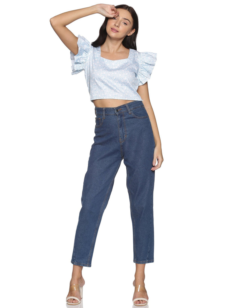 IS.U Blue Floral Ruffle Sleeve Crop Top