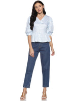 Load image into Gallery viewer, IS.U Blue Floral Puff Sleeve Peplum Top
