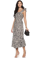Load image into Gallery viewer, IS.U Black Floral Ruffled Shoulder Midaxi Dress