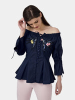 Load image into Gallery viewer, IS.U Blue Embroidered Off-Shoulder Top