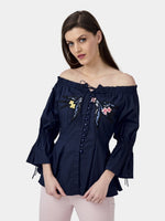 Load image into Gallery viewer, IS.U Blue Embroidered Off-Shoulder Top