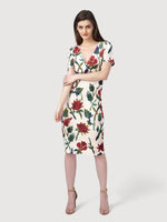 Load image into Gallery viewer, IS.U Off-white Floral Velvet Midi Dress