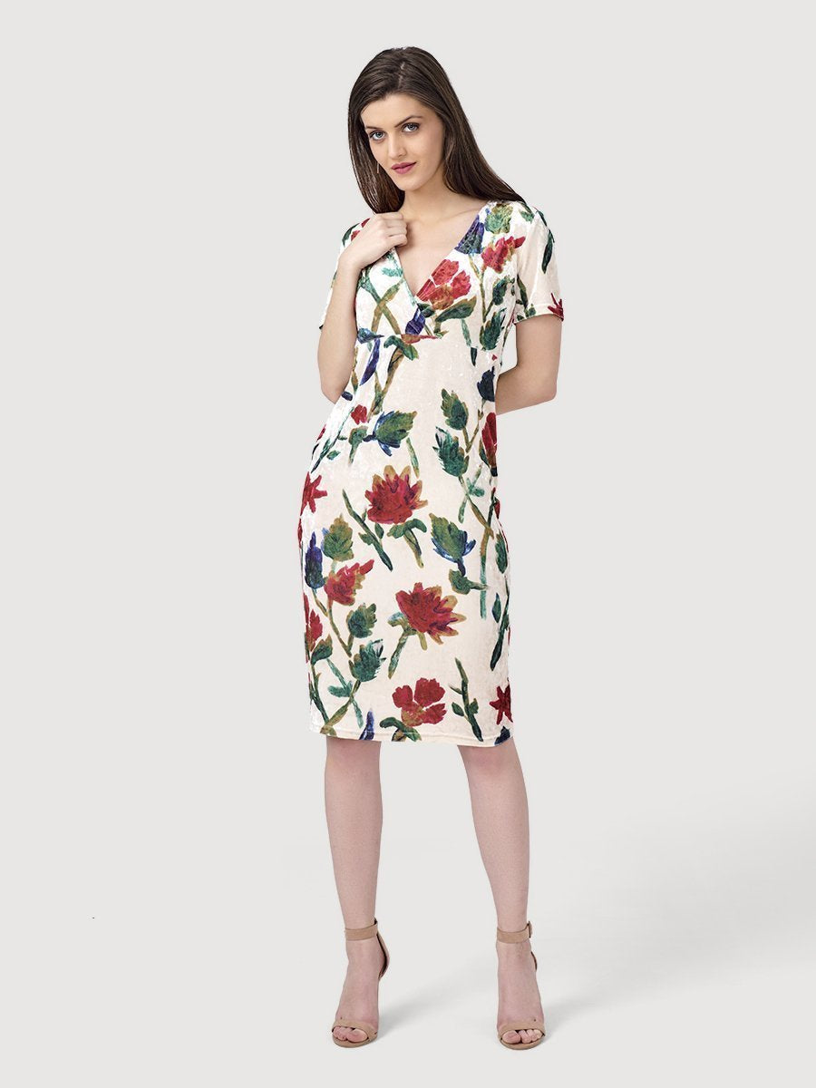 IS.U Off-white Floral Velvet Midi Dress